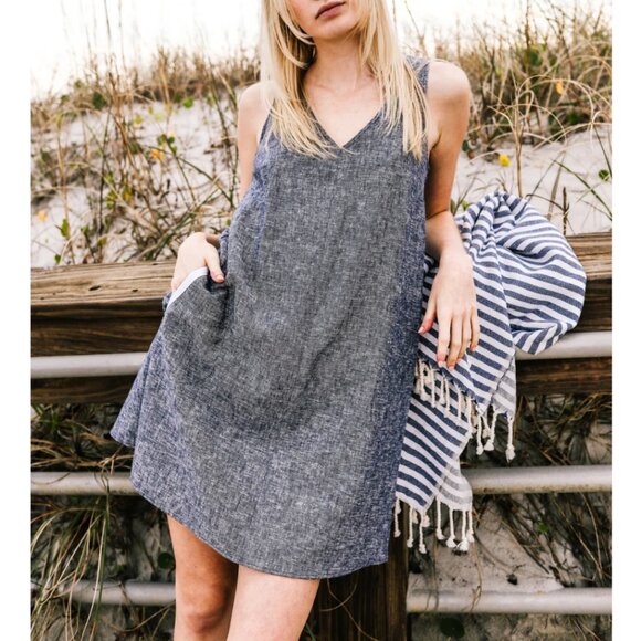 Made In The USA Linen Mini Shift Dress Boho Coastal Cowgirl Grandma Nautical - Picture 1 of 11